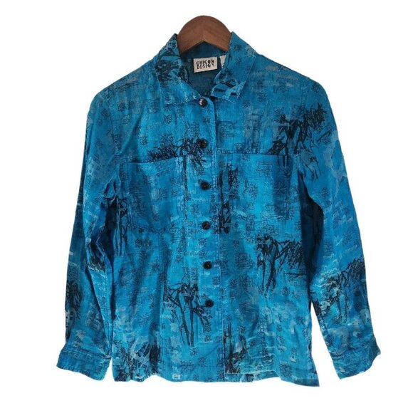 Chico's Tops - Chicos Rayon Blend Blue Teal Semi Sheer Asian Print Inspired Button Front Top 0